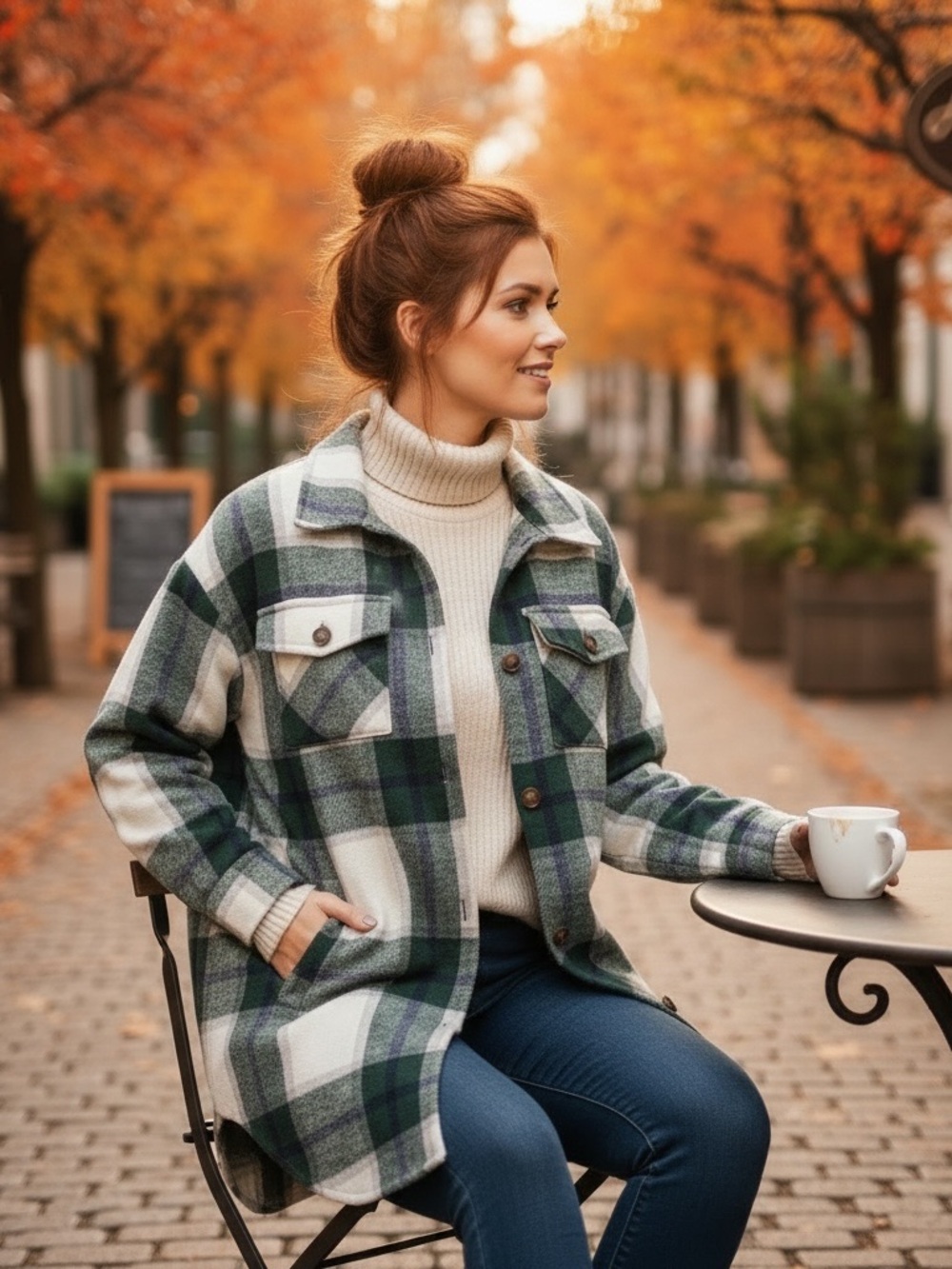 ComfyLuxe Green and Cream Plaid Shacket - Casual Button-Up Jacket